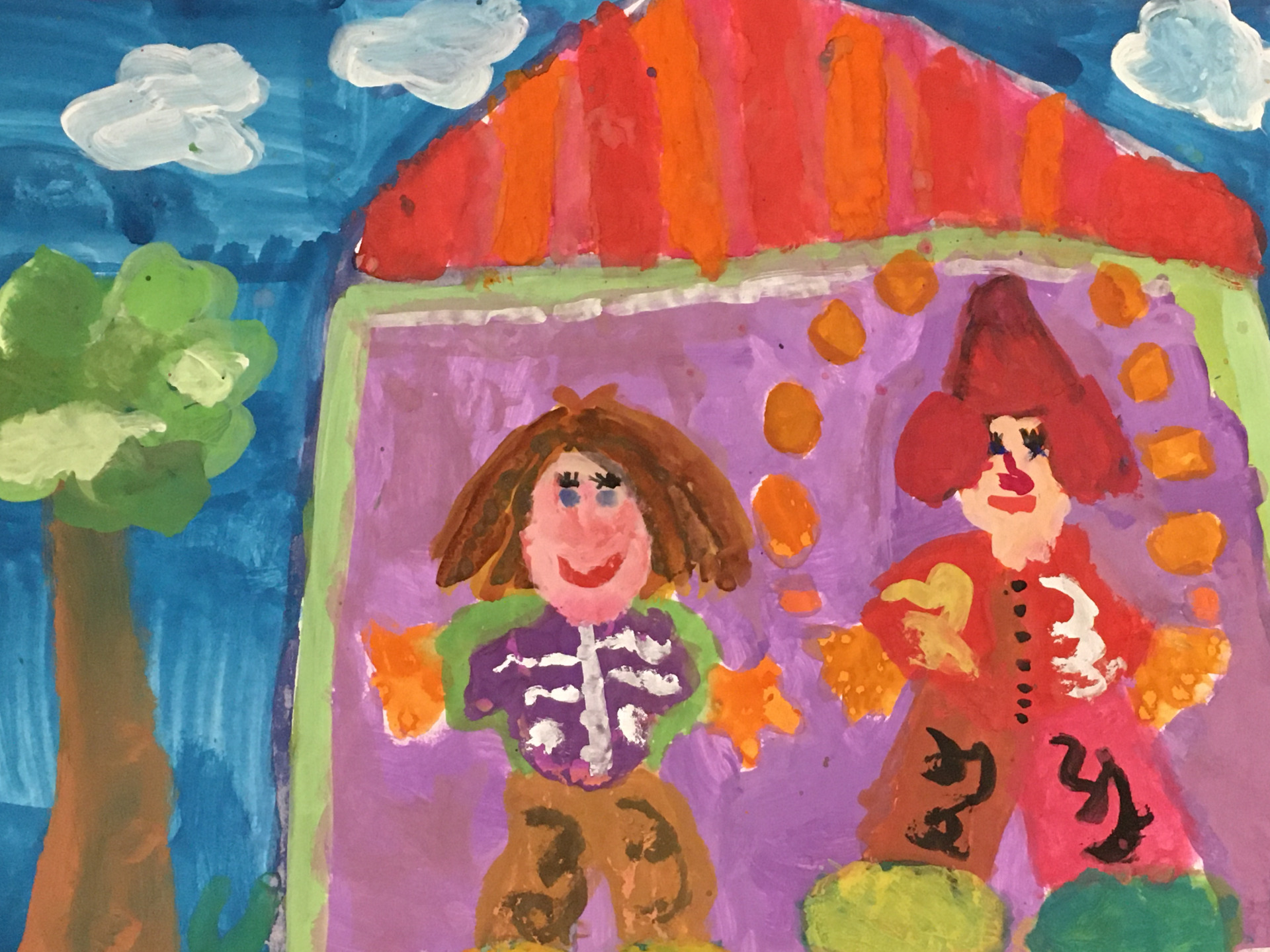 Symbolische Kinderzeichnung, die das Konzept des inneren Theaters - unsere inneren Anteile - visuell veranschaulicht.