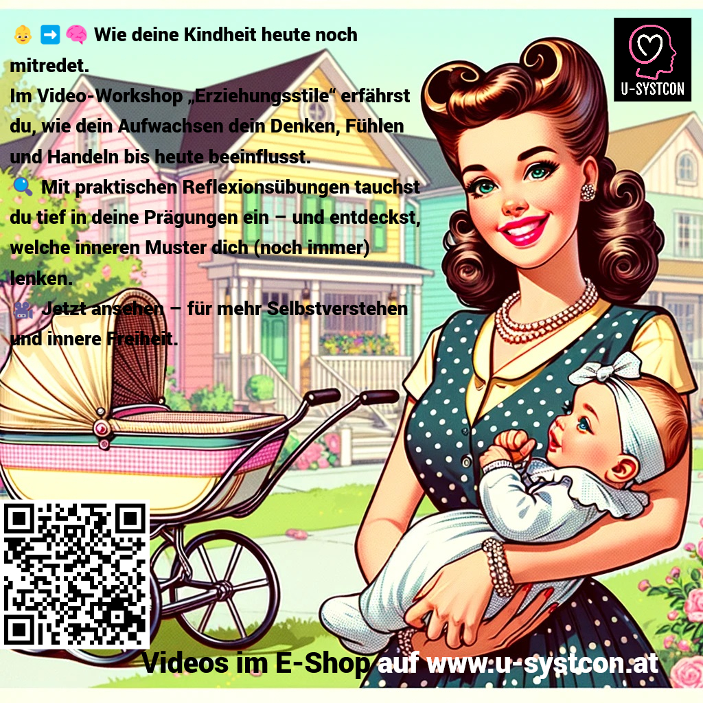 Illustration einer lächelnden Mutter mit Baby im Arm und Kinderwagen – symbolische Darstellung von Erziehungsstilen und frühen Beziehungserfahrungen.